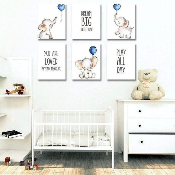 Set of 6 Unframed Baby Boy Nursery Wall Art Prints, Blue Elephant Nursery Wall - Picture 4 of 7